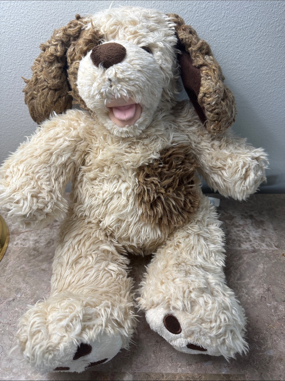 Vintage Build-A-Bear shaggy puppy dog toy in Cream and Brown Plush with patches
